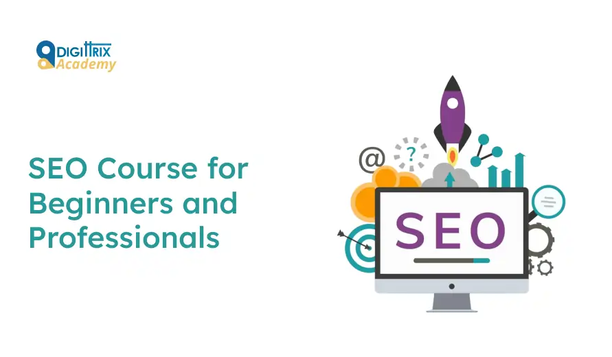 Digittrix Academy SEO Course for Beginners and Professionals with icons of a rocket, a target, and analytics on a computer screen.