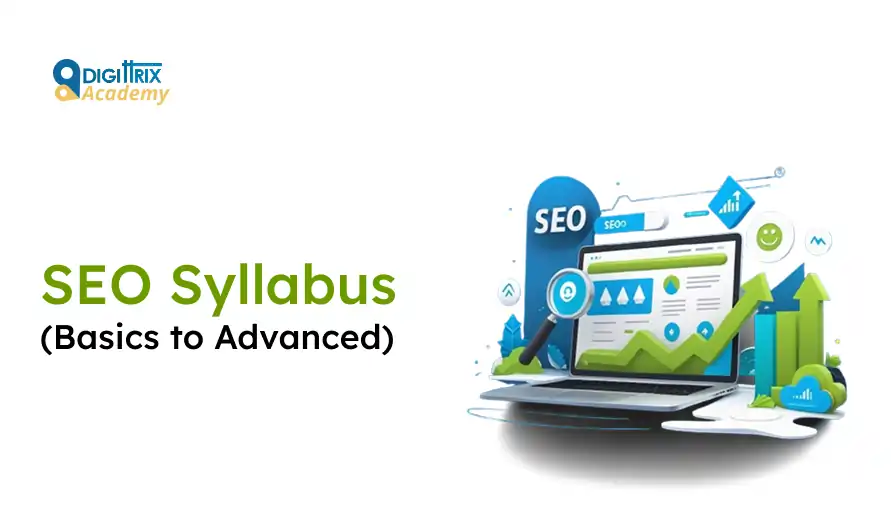 SEO Syllabus image with laptop, graphs, and icons symbolizing digital analysis and growth. Text reads SEO Syllabus: Basics to Advanced. Logo on top left.