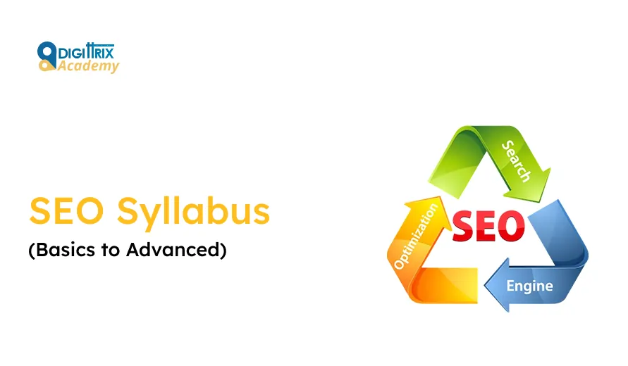 Graphic showcasing SEO Syllabus from basics to advanced, featuring a colorful cycle of search, optimization, and engine elements.