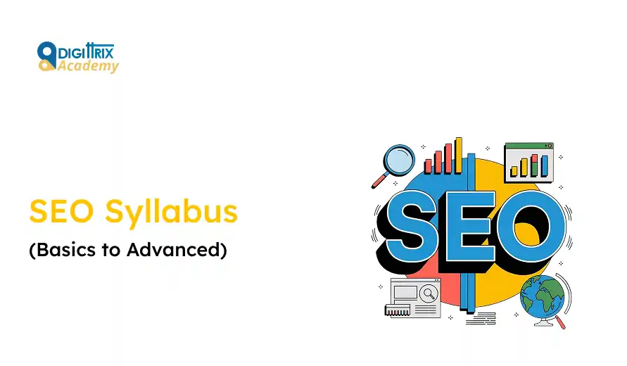 SEO Syllabus cover image with Basics to Advanced text. Includes magnifying glass, charts, and globe icons symbolizing SEO concepts.