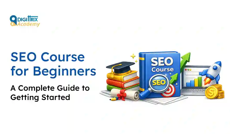 SEO Course for Beginners by Digittrix Academy, featuring books, a graduation cap, a rocket, and a growth chart icon.