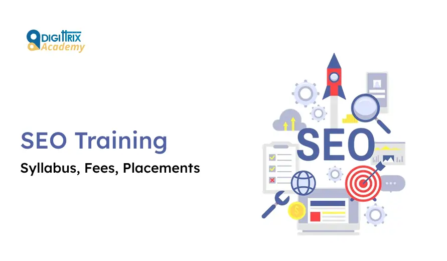 SEO Training advertisement by Digittrix Academy, featuring icons like a magnifying glass, a globe, and a rocket, symbolizing optimization and growth.