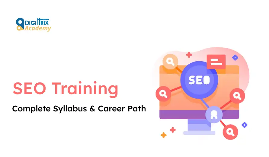 SEO Training advertisement featuring a stylized computer screen with a blue SEO circle and magnifying glasses. Text: Complete Syllabus & Career Path with a bright, educational tone.