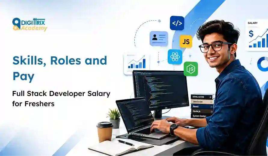 Young developer coding on laptop and desktop, surrounded by programming icons and charts, with text about full-stack developer skills, roles, and salary.
