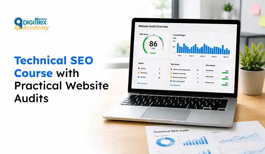 Laptop showing a website audit dashboard with SEO scores and graphs, next to printed SEO audit reports on a wooden desk.