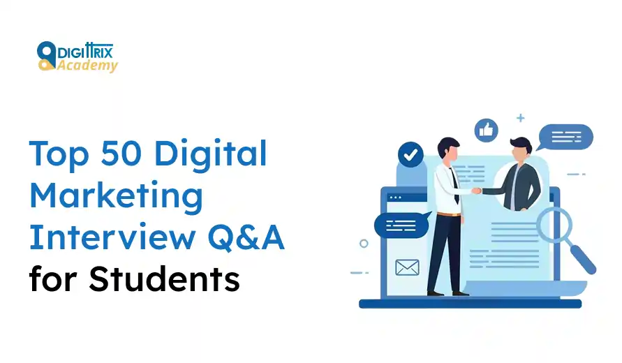 Image of two people shaking hands over a laptop, with text about top 50 digital marketing interview Q&A for students.