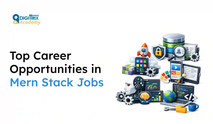 Graphic showing Top Career Opportunities in MERN Stack Jobs with icons of coding, cloud, AI, and database concepts.