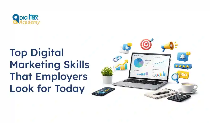 Laptop with digital marketing charts, icons for SEO, analytics, social media, a smartphone, notebook, calculator, cup, and plant next to text on skills.