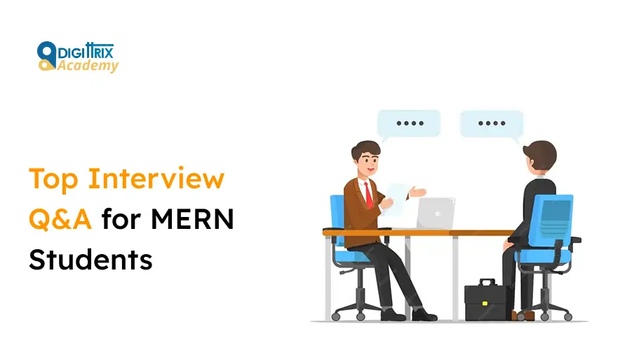 Two people are seated at a table, engaging in a conversation. Text reads Top Interview Q&A for MERN Students with a logo in the corner. Mood is professional.