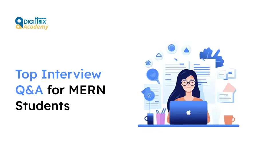 Image of a person with glasses using a laptop, surrounded by abstract icons and papers. Text reads Top Interview Q&A for MERN Students.