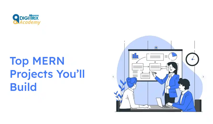 Blue-themed image showing three people discussing a project in front of a presentation board with charts. Text reads Top MERN Projects You’ll Build.