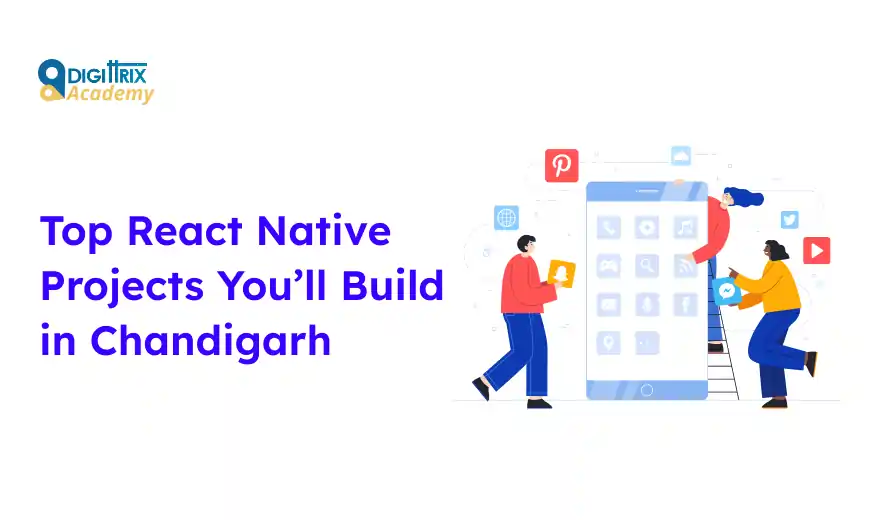 Image of three people interacting with a large smartphone, surrounded by social media icons, promoting React Native projects in Chandigarh.