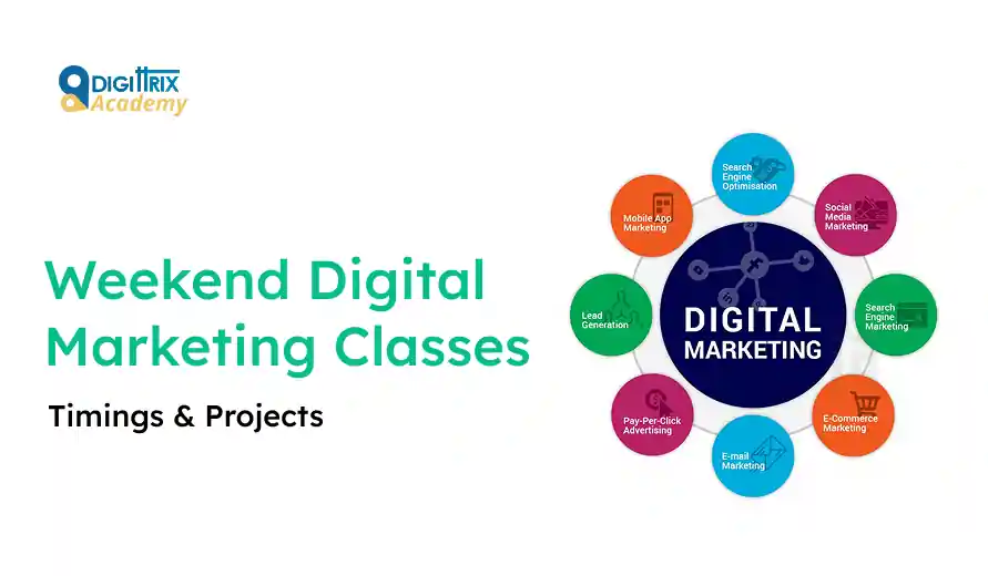 Graphic for Weekend Digital Marketing Classes by Digittrix Academy. Features a central hub labeled Digital Marketing with surrounding segments like SEO, social media, and email marketing, symbolizing course topics.
