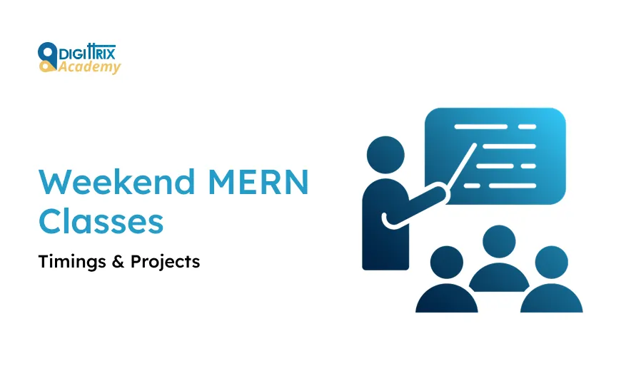 Silhouette of a teacher pointing at a board, with three students watching. Text reads Weekend MERN Classes: Timings & Projects on the left.