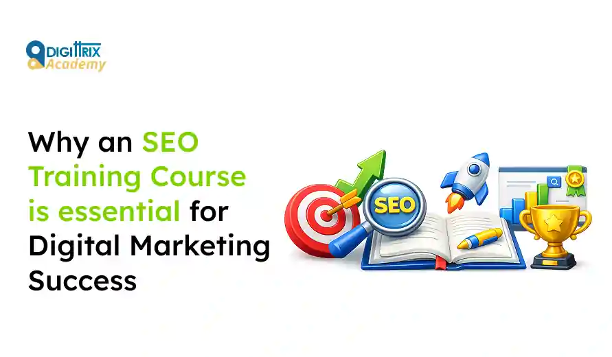 Text on image promoting SEO training for digital marketing success with icons of target, magnifying glass, rocket, book, chart, and trophy.