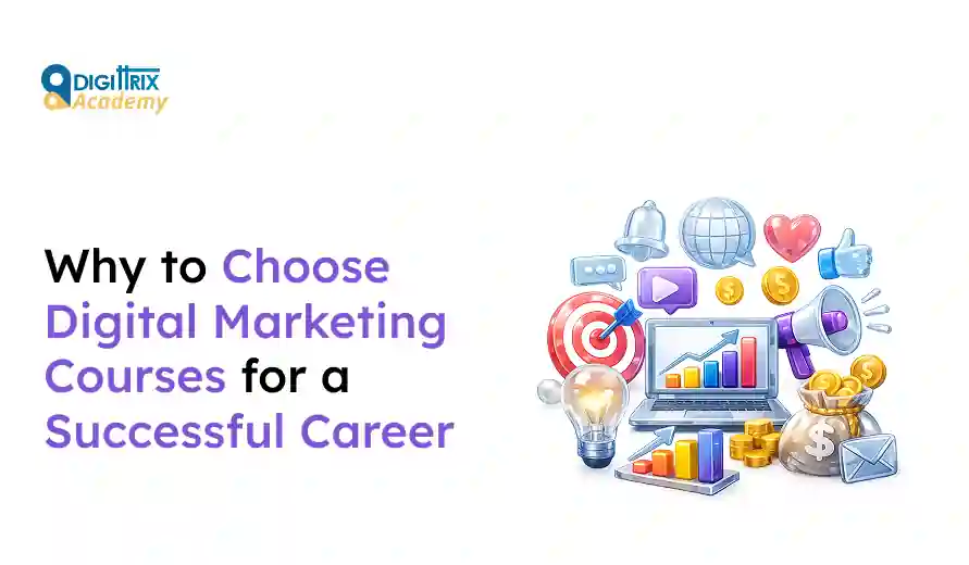 Text about choosing digital marketing courses for a successful career, alongside icons of analytics, money, and social media.